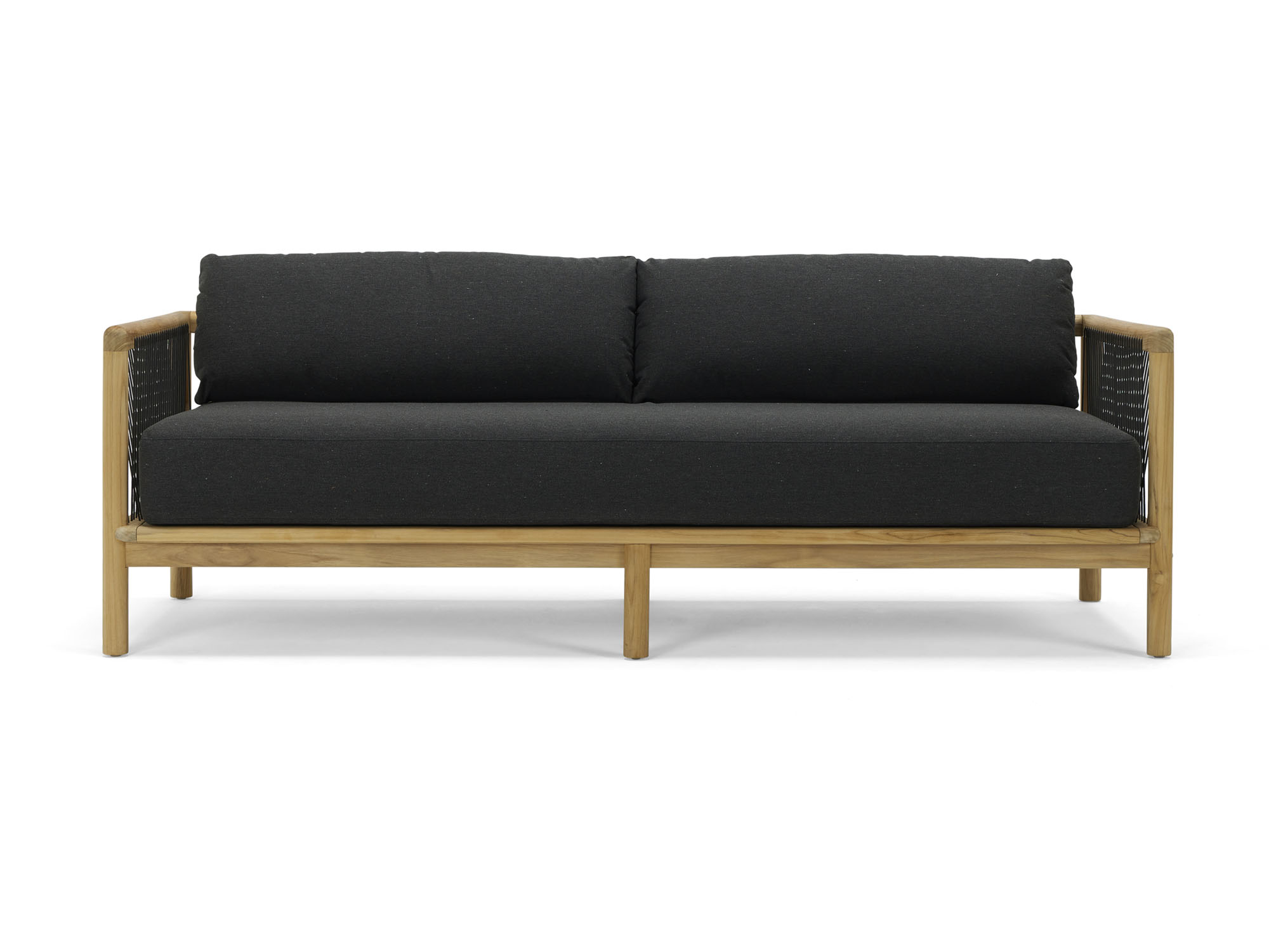 Front view of two seat outdoor sofa with black cushions